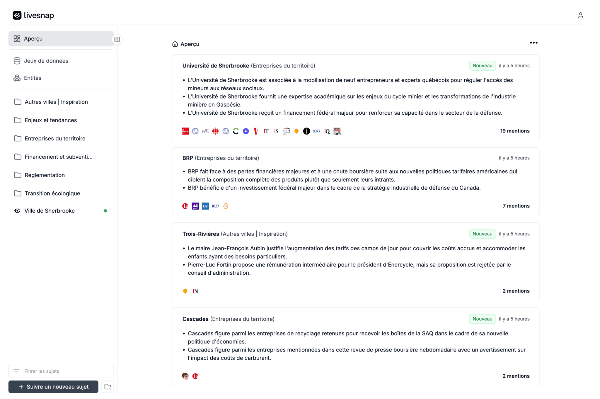 Example Livesnap dashboard for a city